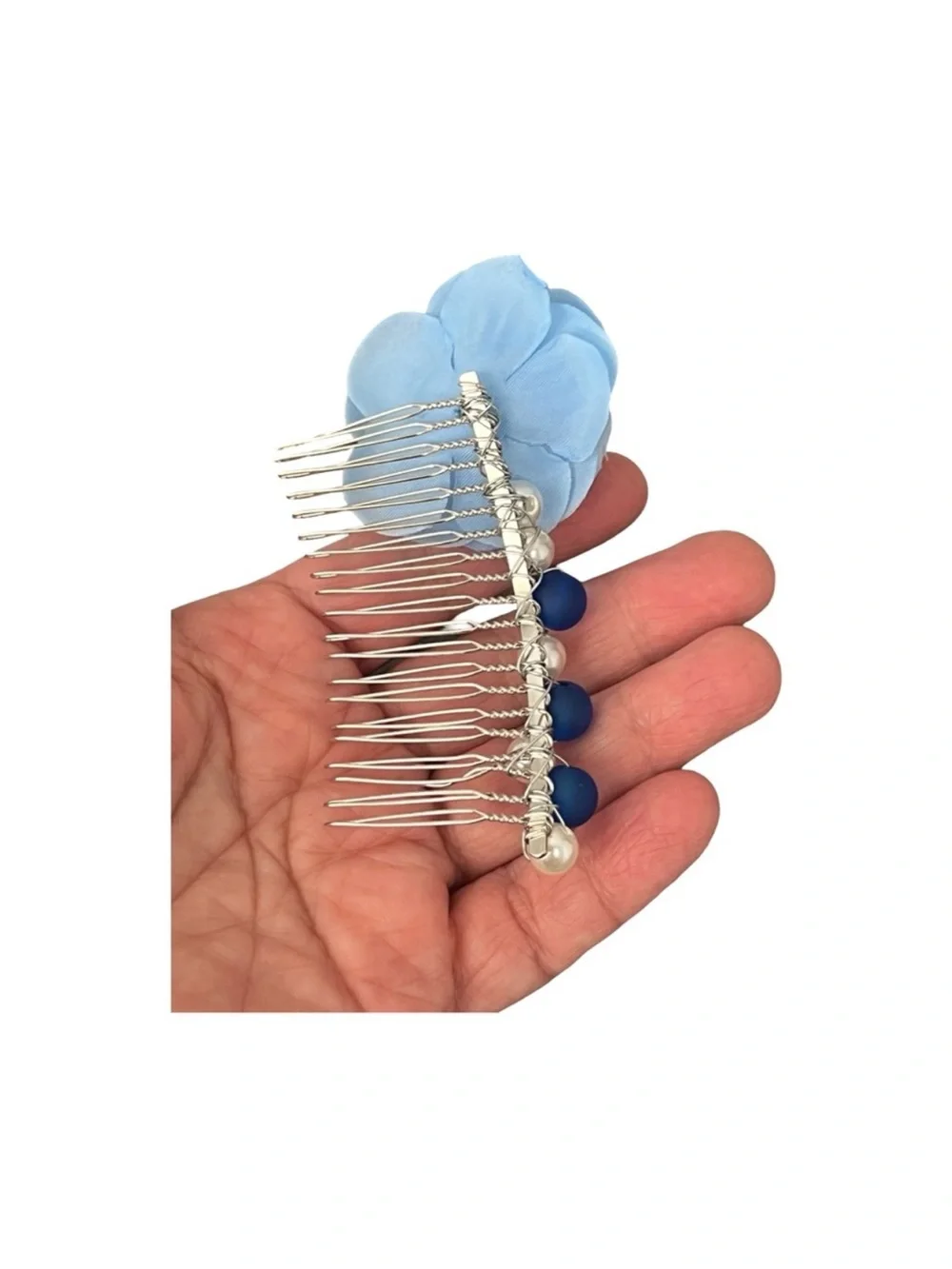 Elegant Blue Floral White Beaded Hair Comb 3.0”FINAL PRICE DROP